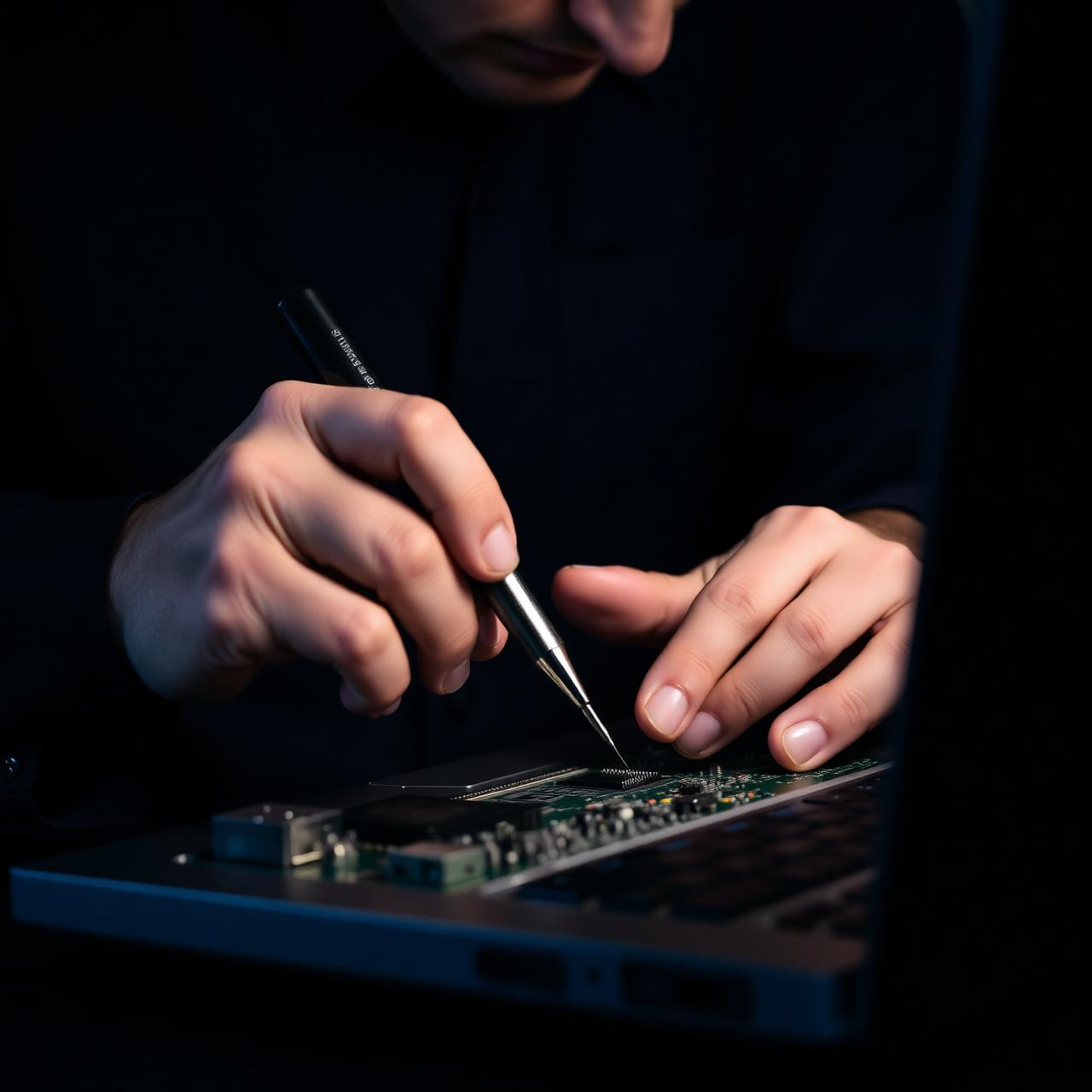 PrimeSecure technician repairing a laptop motherboard